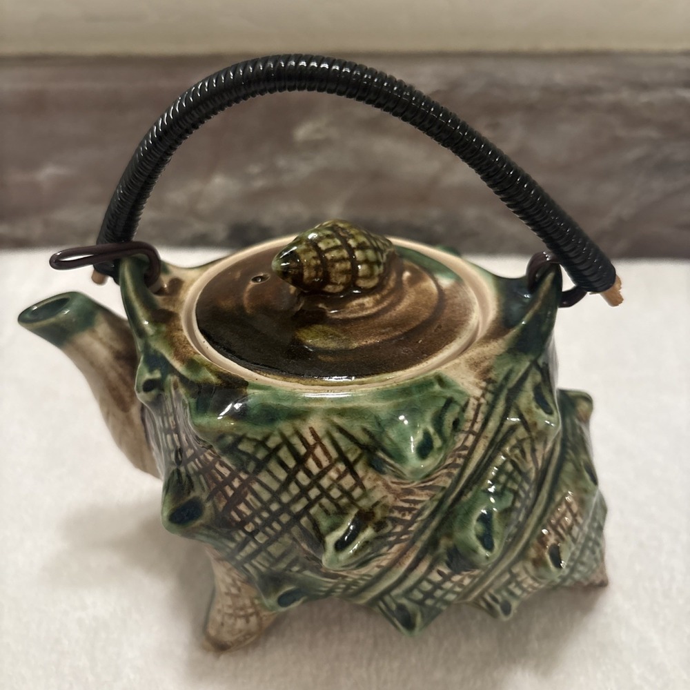 Vintage Japanese Majolica Conch Seashell Teapot Kitschy Green Ceramic Small